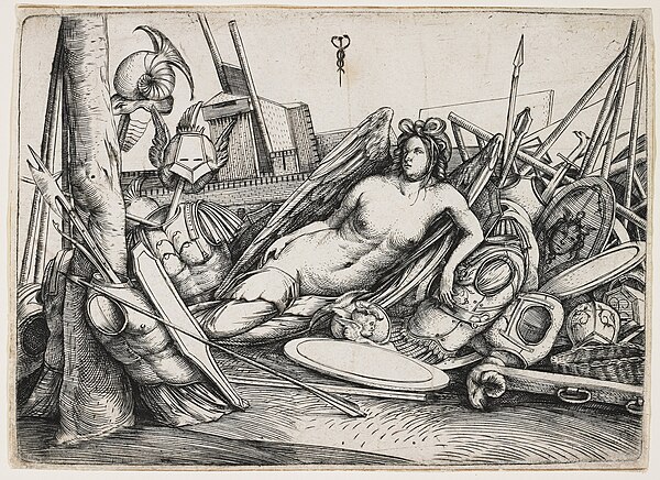 Victory Reclining Amid Trophies, engraving, c. 1510.