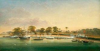 Boodhound attended the Reduction of Lagos, in December 1851 James George Philp - British Men o' War Attacked by the King of Lagos GAC GAC 6427.jpg