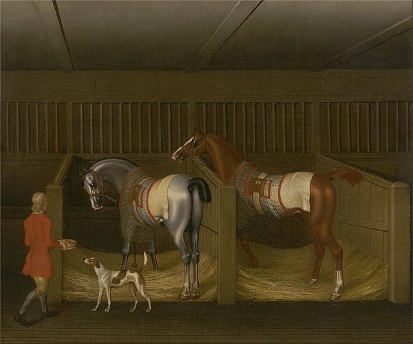 The Stables and Two Famous Running Horses belonging to His Grace, the Duke of Bolton, by James Seymour, 1747