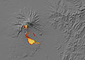 Снимок в инфракрасных цветах пирокластического потока, сошедшего с вулкана Шивелуч