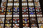 English: Detail of the stained-glass window number 4 in the Sint Janskerk at Gouda, Netherlands: "Coats of arms of Rijnland"