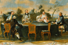 5 personnes du XVIIIème siècle jouant aux cartes autour d'une grande table circulaire.