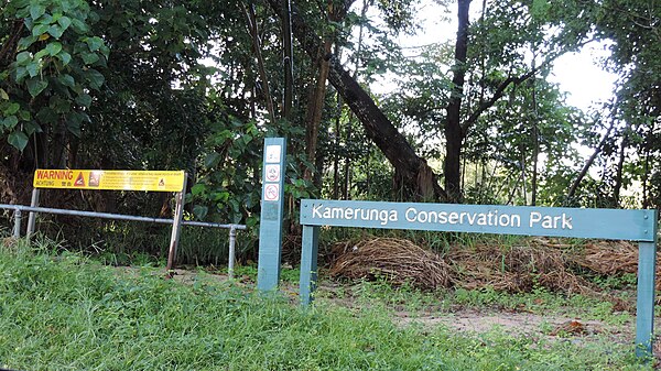Crocodile warning sign beside the Barron River in the Kamerunga Conservation Park, 2018