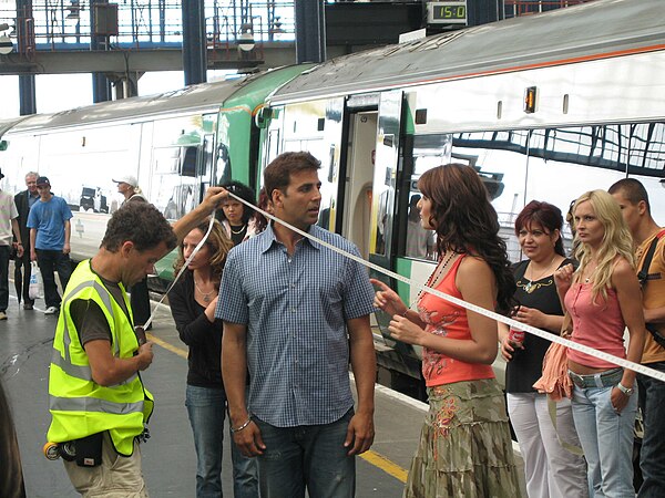 Kumar with actress Katrina Kaif on the sets of the film Namastey London in 2007