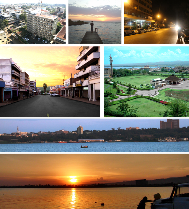 No sentido dos ponteiros do relógio: panorama do lago Vitória, panorama de Kisumu, pôr-do-sol na rua Oginga Odinga, centro de Kisumu, Kiboko Point, Kisumu à noite e estádio Jomo Kenyatta.