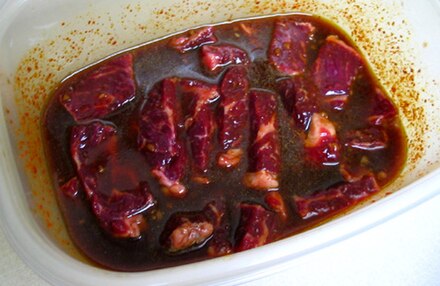 Beef marinating for a Korean barbecue dish