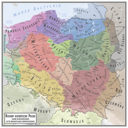 Sieradz Land (ziemia sieradzka) and other historical lands of Poland against the background of modern administrative borders (names in Polish)