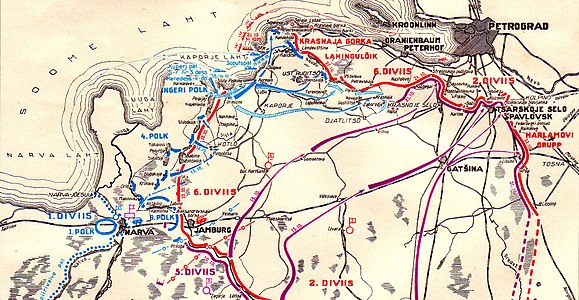 Plan af offensiven for den nordvestlige hær (lilla), dele af den estiske hær (blå) og det vestingermanske regiment (blå streg) på Petrograd i oktober 1919 (est.)