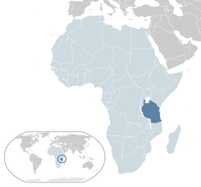Location of Tanzania (dark blue) in the African Union (light blue)
