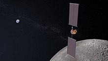 Artist's impression of the Power and Propulsion Element, the first module of the Lunar Gateway, in lunar orbit. It will generate 50 kW (67 hp) of solar electric power for its ion thrusters, life support, and other systems. Lunar Orbital Platform-Gateway Power and Propulsion Element.jpg