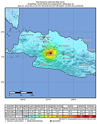 A simulated strong ground motion map showing shaking intensity M 5.6 - 18 km WSW of Ciranjang-hilir, Indonesia (West Java) ShakeMap.jpg