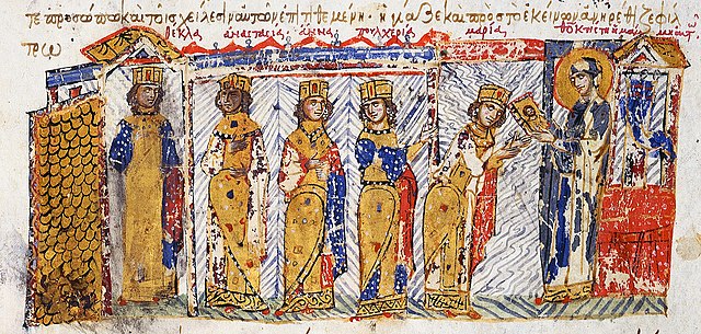 Theodora's daughters being instructed in venerating icons by their grandmother Theoktiste, from the Madrid Skylitzes