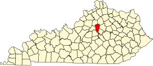 Mapa Kentucky se zvýrazněním Woodford County