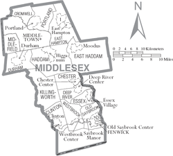 Map of Middlesex County, Connecticut showing cities, boroughs, towns, and CDPs Map of Middlesex County Connecticut With Municipal Labels.PNG