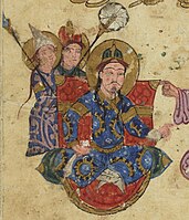 Arabe 3929, 157r: ruler in Turkic dress wearing the sharbūsh with the tall cap