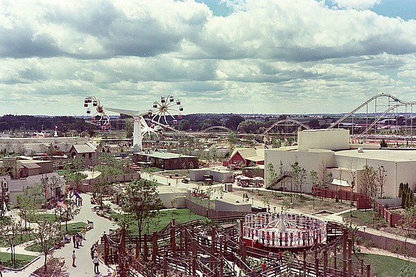 A view of Turn of the Century and Sky Whirl from the Delta Flyer / Eagle's Flight in August 1976.