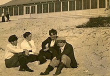 George Sterling, Mary Austin, Jack London, and Jimmie Hopper on the beach at Carmel, California