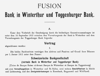 Announcement of the 1912 merger between Bank in Winterthur and Toggenburger Bank to form Schweizerische Bankgesellschaft (Union Bank of Switzerland) Merger Announcement (Bank in Winterthur and Toggenburger Bank).png