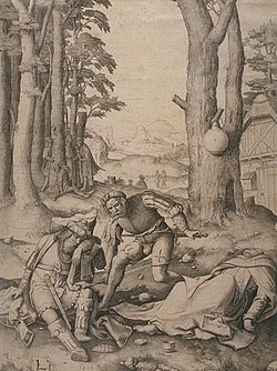 "Mohammed and the Murdered Monk", 1508 engraving by Lucas van Leyden - an incident unattested in Islamic accounts of Muhammad's life Mohammed2.jpg