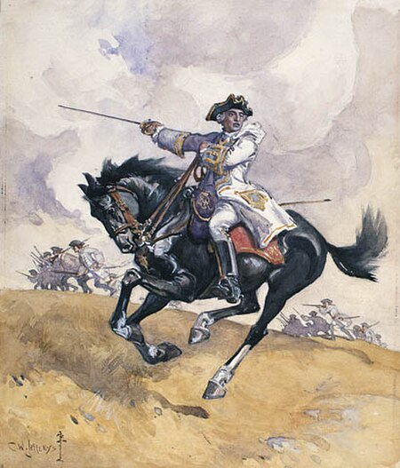 Montcalm leading his troops into battle. Watercolour by Charles William Jefferys.