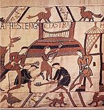 Bayeux Tapestry - Building of a motte-and-bailey castle in Hastings Motte.jpg