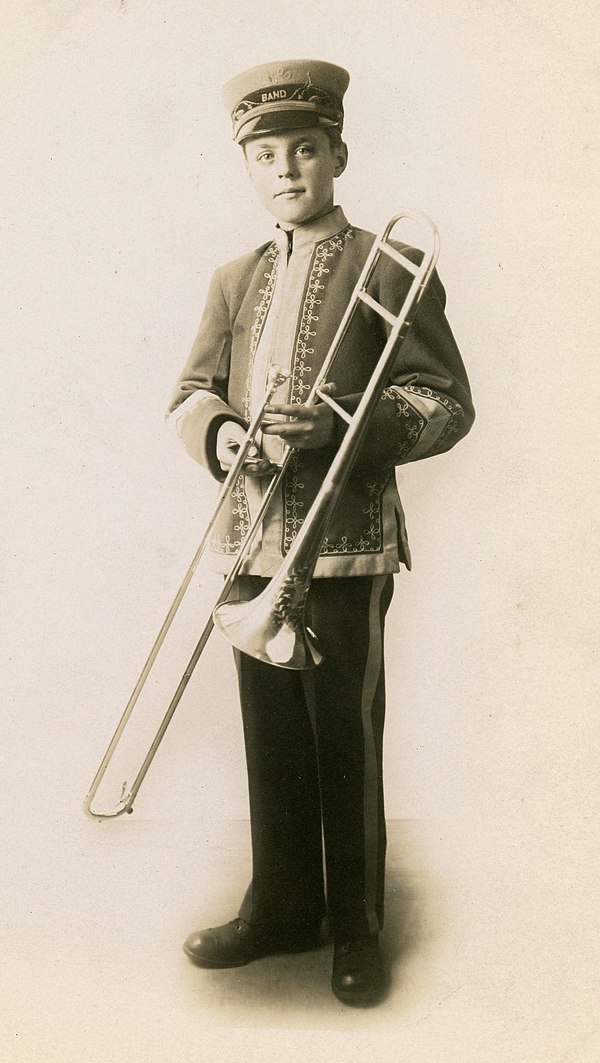 Newsboy Military Band Member with Trombone, Toledo, Ohio