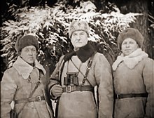 Colonel F. M. Orlov (center) with two of his subordinates, winter 1941-42 Orlov 160 sd.jpg