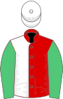 Red and white (halved), emerald green sleeves, white cap