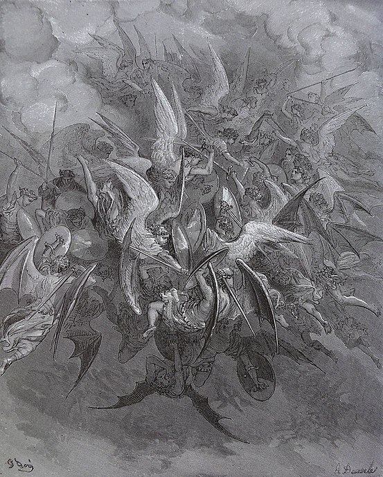 Angels fighting against fallen angels during the War in Heaven. Illustration by Gustave Doré for John Milton's Paradise Lost (1866)