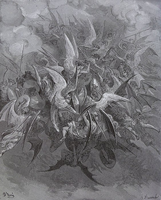 Illustration by Gustave Doré for John Milton's Paradise Lost, depicting angels fighting against fallen angels.