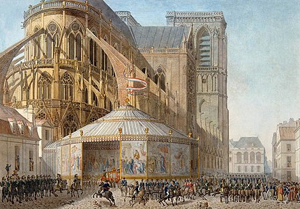 Kedatangan Napoleon di ujung timur Notre-Dame untuk penobatan sebagai Kaisar Prancis pada tanggal 2 Desember 1804