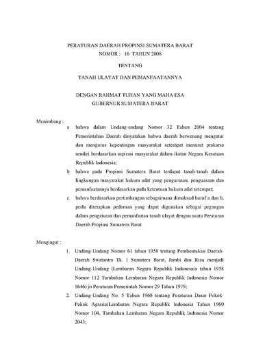 Peraturan Daerah Provinsi Sumatera Barat Nomor 16 Tahun 2008 tentang Tanah Ulayat dan Pemanfaatannya