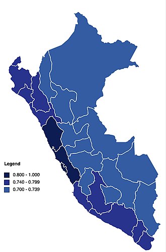 Map of the Peruvian departments by HDI in 2020.
Legend:
.mw-parser-output .legend{page-break-inside:avoid;break-inside:avoid-column}.mw-parser-output .legend-color{display:inline-block;min-width:1.25em;height:1.25em;line-height:1.25;margin:1px 0;text-align:center;border:1px solid black;background-color:transparent;color:black}.mw-parser-output .legend-text{}
0.800 - 1.000
0.740 - 0.799
0.700 - 0.739 PeruDepartmentsHDI2020.jpg