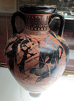 Pittore di acheloo, anfora con heracles e cercopi, heraclese e apollo, 510-500 aC circa, da dolciano (chiusi) 01.JPG