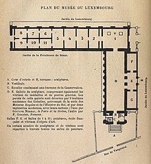 Plan des salles du musée de l'Art vivant tel qu'après la construction de l'aile sur rue en 1886 (ici en 1923).