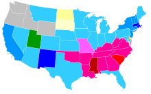 Plurality of religious preference by state, 2001. Data is unavailable for Alaska and Hawaii. Plurality religious denomination by U.S. state, 2001.svg