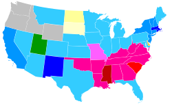 The states in pink and red are associated with the Bible Belt. Map of US, Religions.svg