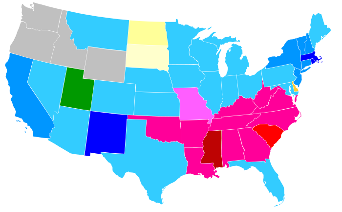 Plurality of religious preference by state, 2001. Data are unavailable for Alaska and Hawaii.    <30%  <40%  <50%  >50%           Catholic           Baptist           Methodist           Lutheran           Mormon           No religion