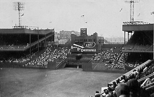 Center field in the 1950s, with famous Chesterfield cigarettes advertisement visible above the clubhouse.