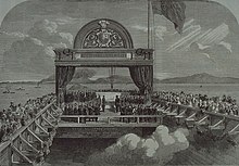 Prince Albert Edward, Prince of Wales, lays the last stone for the Victoria Bridge in Montreal during his 1860 royal tour Prince of Wales lays last stone of Victoria Bridge.jpg