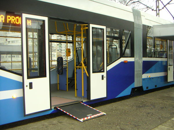 Wheelchair access ramp in Protram 205 WrAs tram. Low floor is approximately 360 mm (14 in) high