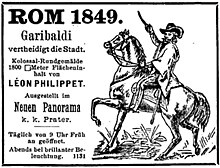 Annonce publicitaire pour l'exposition à Vienne du panorama Rome prise par Garibaldi le 3 juin 1849. Garibaldi y est représenté à cheval et levant un sabre.