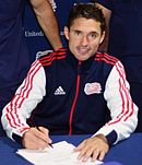 Former Revolution player Jay Heaps was appointed as manager after the club parted ways with Steve Nicol. Revolution's coach Jay Heaps signs a document of support with the U.S. Coast Guard.jpg