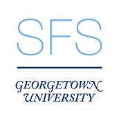 The capital letters SFS in a sans-serif font in a sky blue color above a navy dividing bar, below which has Georgetown University spelled in all capitals, a swash serif font, and navy color.