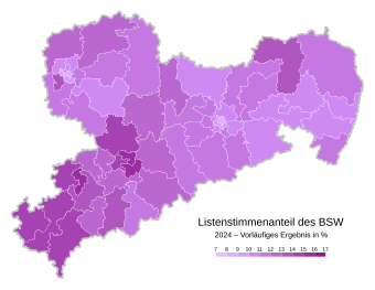 Bündnis Sahra Wagenknecht ﻿Höchstes: 15,7 % (Chemnitz 3) ﻿Niedrigstes: 8,4 % (Leipzig 6)