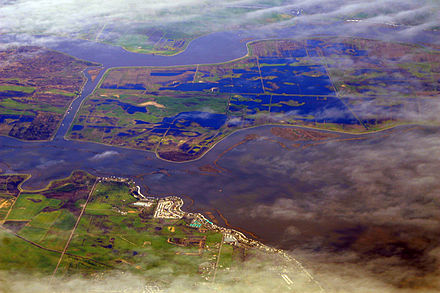 Sacramento–San Joaquin (California) Delta at flood stage, early March 2009.