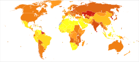 Disability-adjusted life years (DALY) lost from Self-harm in 2012 per million persons.   255-1,751   1,763-2,453   2,463-3,079   3,093-3,093   3,114-3,406   3,614-5,056   5,059-6,147   6,373-10,698   11,026-12,129   12,481-17,655 * Countries are divided approximately by population into ten groups. * Dependencies of France, United Kingdom, United States of America, The Netherlands and Denmark are grouped with their respective countries.