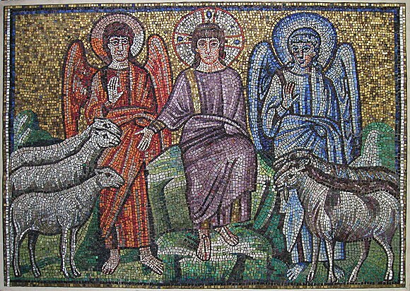 Early 6th century Byzantine mosaic Art, depicting Jesus separating the sheep from the goats. The blue angel is possibly the earliest artistic depiction of Satan.[271]
