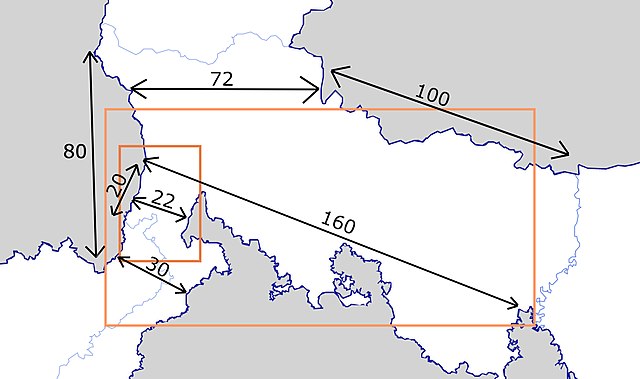 Dimensions of the corridor. Distances in kilometers.