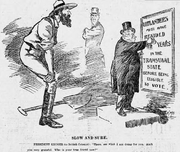 A cartoon; see description. The uitlander is depicted as towering over Kruger, who has to stand on a ledge to reach the sign he is pointing to explaining the franchise law.